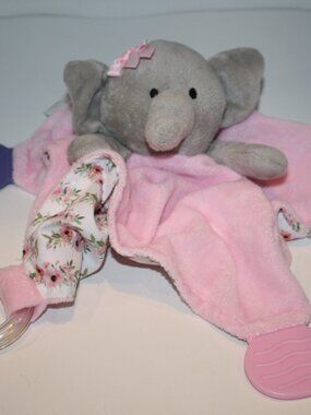 Modern Baby Elephant Pink Plush Flower Security Blanket 11" Teether Rattle Toy